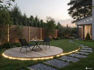 Modern outdoor lounge setup with warm LED strip lighting and minimalist round seating area on a circular patio – ideal for evening garden relaxation